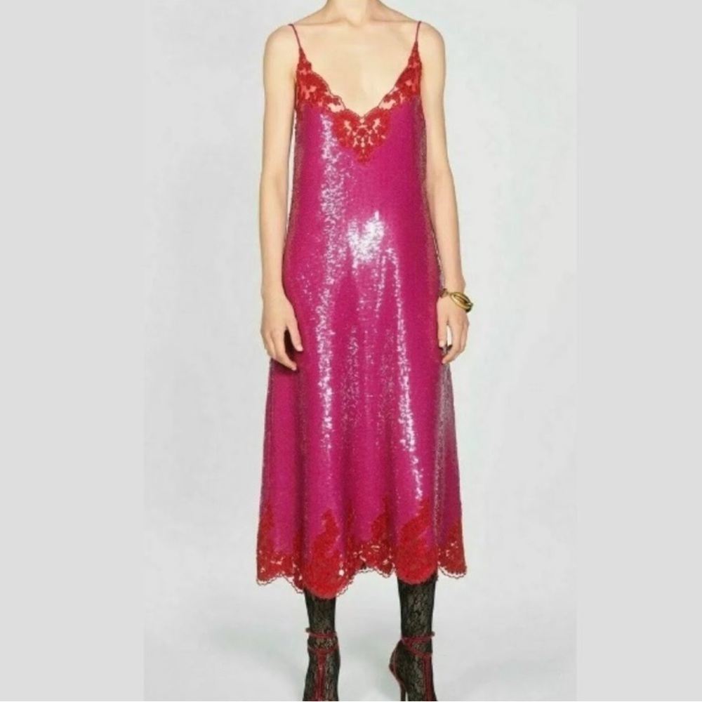 Zara Fuchsia Sequin Midi Dress with Red Lace Trim
